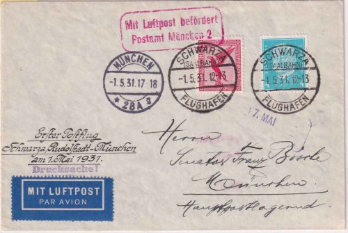 DR - Schwarza Flughafen 1.5.31 Luftpostdrucksache/DV-Erstflug n. München