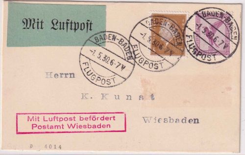 DR - Baden-Baden Flugpost 1.5.30 Luftpostdrucksache/NBV-Erstflug n. Wiesbaden