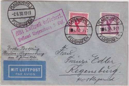 DR - Plauen Flughafen 2.6.30 Luftpostbrief/NBV-Erstflug n. Regensburg