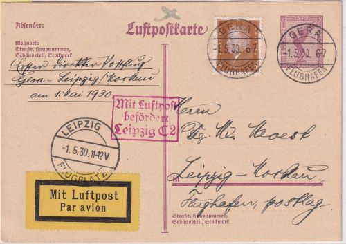 DR - Gera Flughafen 1.5.30 Luftpostkarte/Ganzsache n. Leipzig Erstflug/NBV