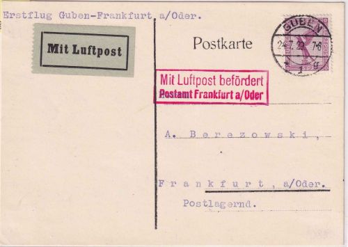 DR - Guben 24.7.29 Luftpostkarte n. Frankfurt a/O. Erstflug/NBV