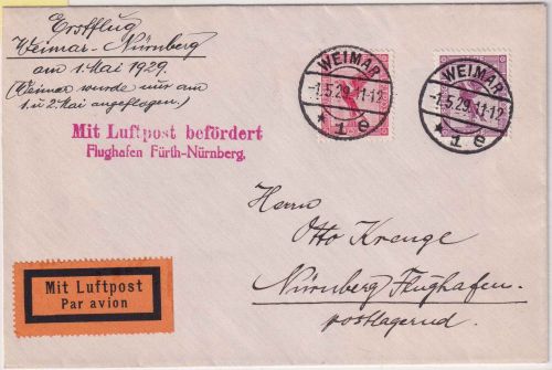 DR - Weimar 1.5.29 Luftpostbrief n. Nürnberg Erstflug/NBV