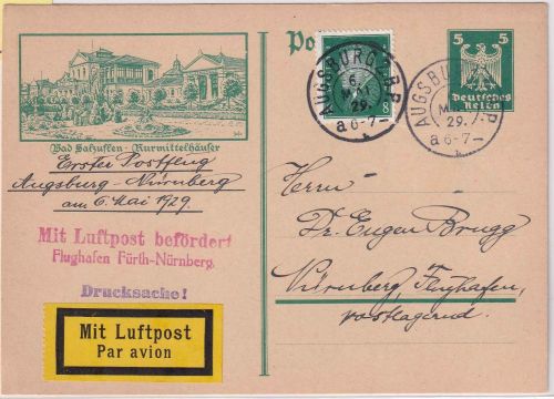 DR - Augsburg 6.5.29 Luftpostkarte/Bildganzsache n. Nürnberg Erstflug/NBV