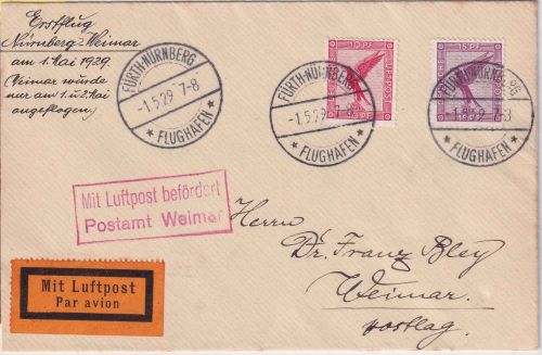 DR - Fürth/Nürnberg Flughafen Luftpostbrief n. Weimar Erstflug/NBV - selten !