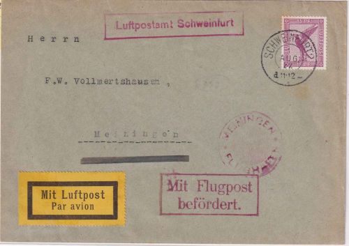DR - Schweinfurt 1927 Luftpostdrucksache n. Meiningen NBV-Flug
