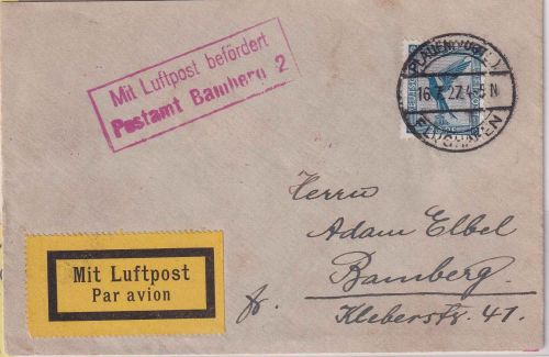 DR - Plauen Flughafen 1927 Luftpostbrief n. Bamberg NBV-Flug
