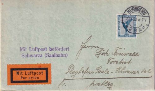 DR - Nürnberg 20.7.27 Luftpostbrief/NBV-Erstflug n. Schwarza