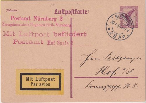 DR - Nürnberg 1927 Luftpostkarte/Ganzsache n. Hof NBV-Flug