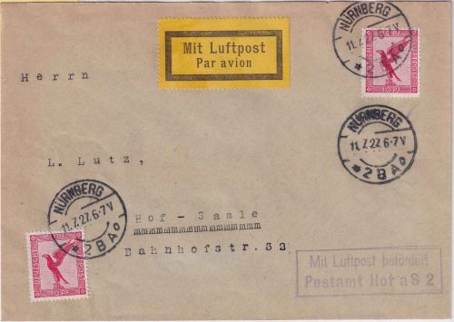 DR - Nürnberg 1927 Luftpostbrief n. Hof NBV-Flug