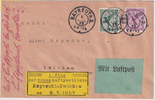 DR - Bayreuth 5.7.27 Luftpostbrief/NBV-Erstflug n. Zwickau