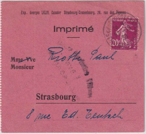 Frankreich - 20 C. Säerin Drucksachenkarte (Sterbekasse) Strassbourg 1938