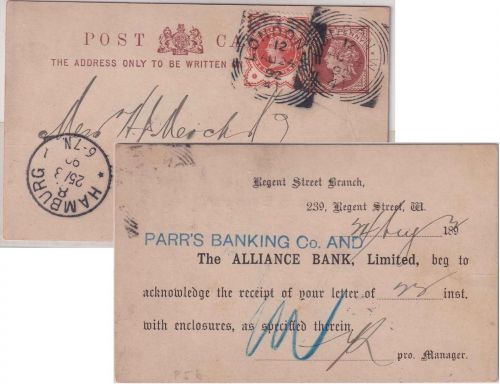 England - 1/2 P. Victoria Ganzsachenkarte+Zusatz London - Hamburg 1892