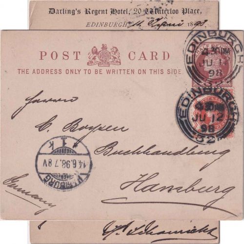 England - 1/2 P. Victoria Ganzsachenkarte+Zusatz Edinburgh - Hamburg 1898