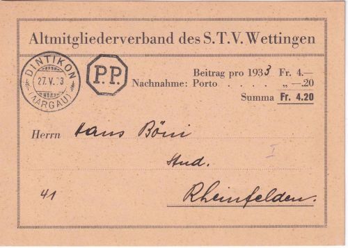 Schweiz - Dintikon 1933 barfrankierte Nachnahmekarte n. Rheinfelden "P.P."