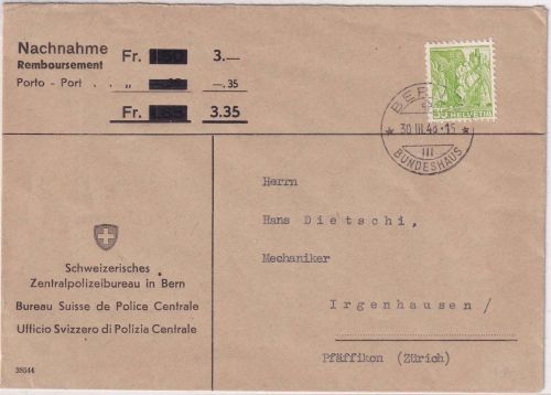 Schweiz - 35 C. Landschaften Nachnahmebrief Bern Bundeshaus - Irgenhausen 1948