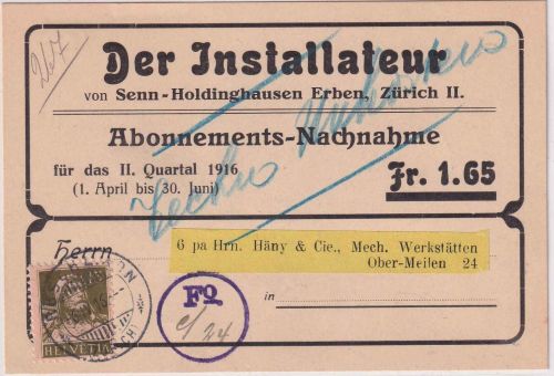 Schweiz - 13 Rp. Tell Nachnahmekarte "Der Installateur" Rüschlikon - Meilen 1915