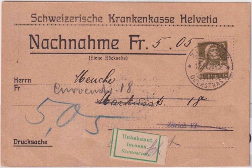 Schweiz - 13 Rp. Tell Nachnahme-Ortskarte "Krankenkasse" Zürich 1920 Retour
