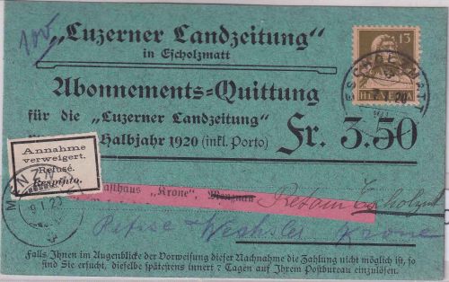 Schweiz - 13 Rp. Tell Nachnahmekarte "Landeszeitung" Escholzmatt 1920 Retour