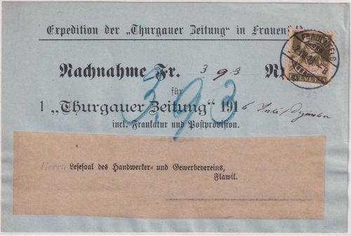 Schweiz - 13 Rp. Tell Nachnahmekarte "Thurgauer Zeitung" Frauenfeld Flawil 1916