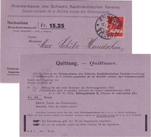 Schweiz - 25 Rp. Tell Nachnahmekarte "Krankenkasse" Zürich - Basel 1923