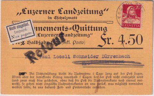 Schweiz - 20 Rp. Tell Nachnahmekarte "Luzerner Landeszeitung" Escholzmatt 1927