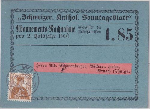 Schweiz - 12 Rp. Helvetia Nachnahmekarte "Kathol. Sonntagsblatt" Wil 1910