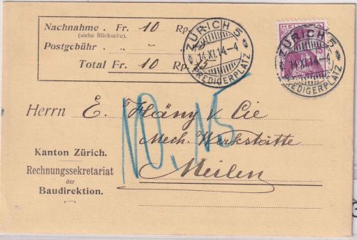 Schweiz - 15 Rp. Helvetia Nachnahmekarte Zürich 5 Predigerplatz - Meilen 1914
