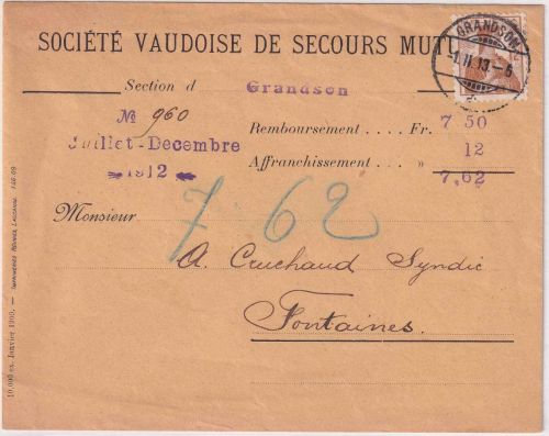Schweiz - 12 Rp. Helvetia Nachnahmedrucksache Grandson - Fontaines 1913