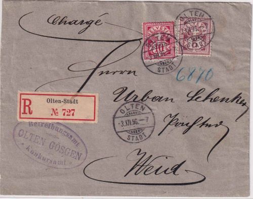 Schweiz - 10+5 Rp. Wappen/Ziffer Einschreibebrief Olten Stadt - Weid 1896