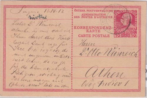 Österreich/Levante - 10 C. Franz-Joseph Ganzsache n. GRIECHENLAND Smyrna 1912