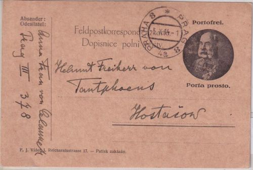 Österreich - Prag 5.10.14 Feldpostkarte m. Kaiser-Portrait - Empfänger !!