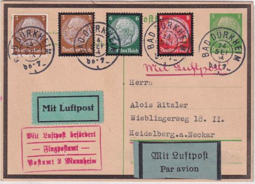 DR - 5 Pfg. Hindenburg Trauer-Ganzsache+Zusatz/Luftpostkarte Bad Dürkheim 1934