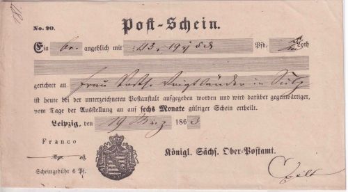 Sachsen - Leipzig 1863 Postschein/Fahrpost Paket n. Sulz