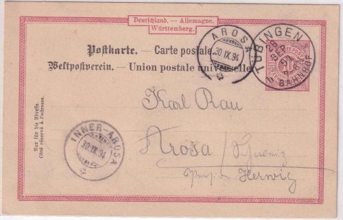 Württemberg - 10 Pfg. Ganzsache i.d. SCHWEIZ Tübingen Bahnhof - Arosa 1894