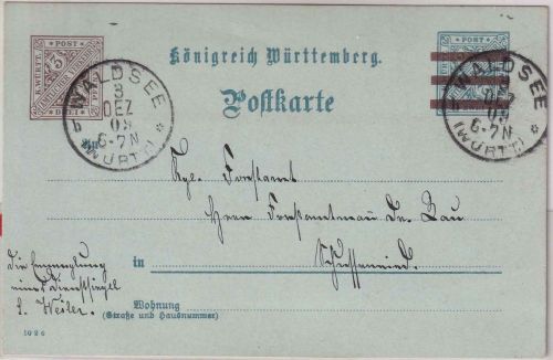Württemberg - 3/2 1/2Pfg. Ganzsache Waldsee - Schussenried 1909