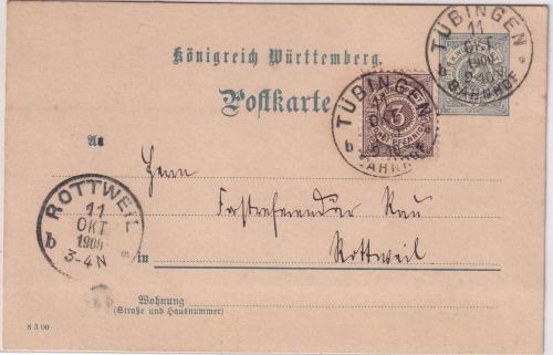 Württemberg - 2 Pfg. Ganzsache+Zusatz Tübingen Bahnhof - Rottweil 1900