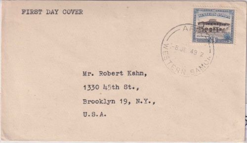 Samoa - 5 P. Postamt Brief/FDC n. USA Apia - Brooklyn 8.6.49