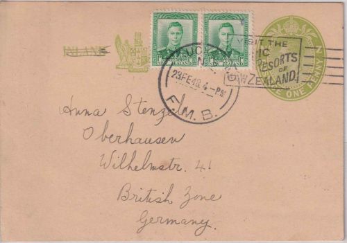 Neuseeland - 1 P. George VI. Ganzsache+Zusatz Auckland - Oberhausen 1948