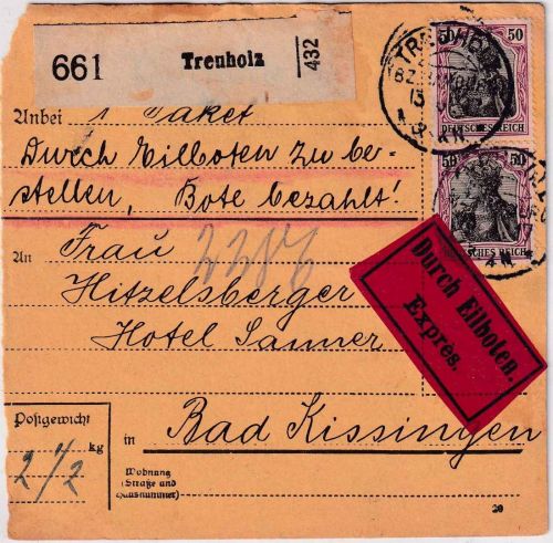 DR - 2x50 Pfg. Germania Eilpaketkarte KOS Treuholz (Bz. Hamburg) 13.6.17