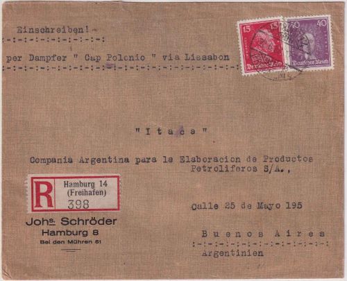 DR - 40 Pfg. Leibniz u.a. Einschreibebrief n. ARGENTINIEN Hamburg Freihafen 1928
