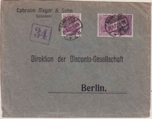 DR - 2x50 Pfg. Germania Typ I u.a. Perfin "EMS" Brief Hannover - Berlin 31.5.22