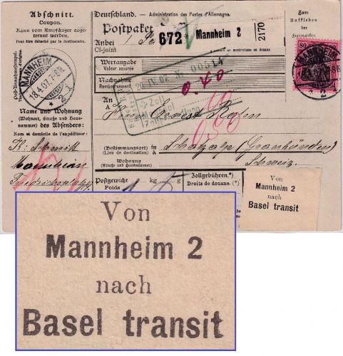 DR - 80 Pfg. Germania Paketkarte i.d. SCHWEIZ Mannheim 2 - Schatzalp 1907