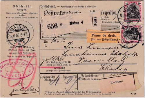 DR - 2x40 Pfg. Germania Paketkarte i.d. SCHWEIZ Mainz - Davos 1907 Leitzettel !