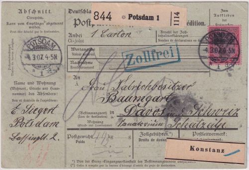 DR - 80 Pfg. Germania Paketkarte i.d. SCHWEIZ Potsdam - Davos 1907 Leitzettel !