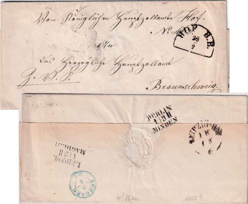 Bayern - Hof B.E. 28/2 HKS Zollsache n. Braunschweig ca. 1853