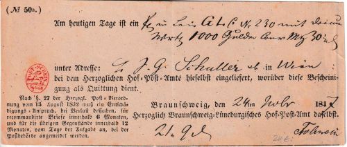 Braunschweig - Herzgl. Braunschw.-Lüneburgisches Hof-Post-Amt Aufgabeschein 1847