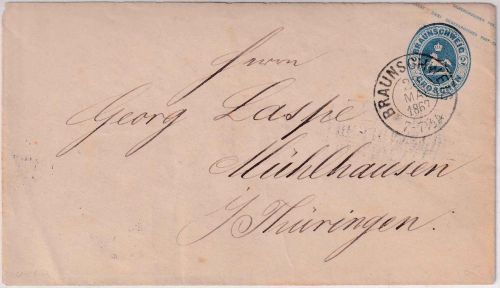Braunschweig - 2 Gr. Ganzsache/Brief K2 Braunschweig - Mühlhausen/Thr. 1867