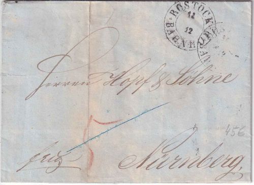 Mecklenburg-Schwerin - Rostock Bahnhof 12/12 K2 Francobrief n. Nürnberg 1858