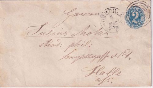Thurn & Taxis - 2 Sgr. Ganzsache/Brief Ring 276 Ohrdruf - Halle 1862