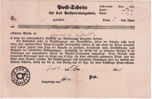 Thurn & Taxis - Ruhla 1866 Postschein f. Wertsendung n. Erfurt
